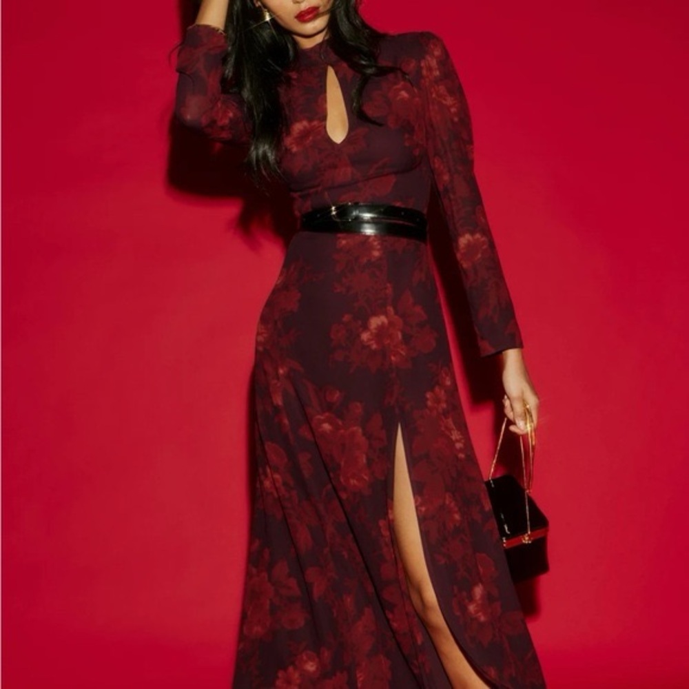 Reformation Burgundy Floral Long Sleeve Dress